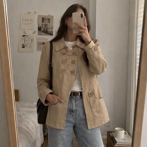 Sandro Paris Beige Cotton Blend Jacket Puff Sleeve Utility Coat Size L